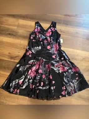 Dress Barn Black Midi Dress with Pink & Gray Floral Print Lined